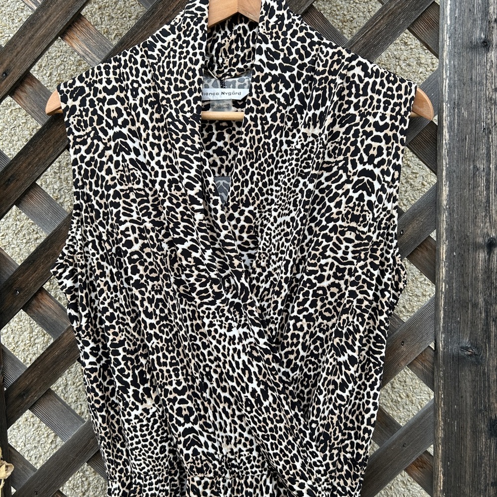 Bianca Nygard leopard print jumpsuit, sleeveless v neck faux wrap, wide leg